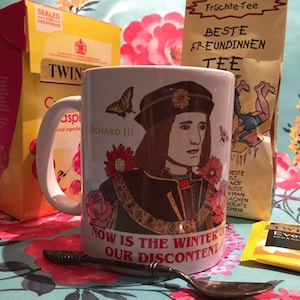 Richard III mug with illustrations and text, now is the winter of our discontent. King Richard III mug for any collector of historical items