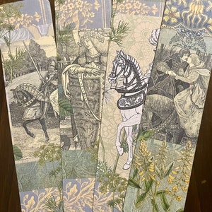 May include: Four vintage-style bookmarks with a collage of images. The bookmarks feature a knight on horseback, a woman with a crown, a white horse, and a couple in a forest. The bookmarks are printed on a light blue background with green and yellow floral accents.