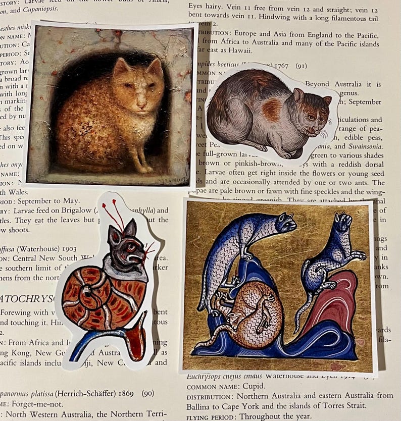 May include: A collection of vintage illustrations featuring various animals, including a cat, a snail, and a group of three cats. The illustrations are in a whimsical style with vibrant colors and intricate details.