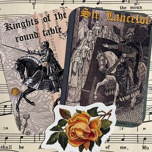 Op de afbeelding: Een collage van afbeeldingen met een ridder te paard, een sc&egrave;ne uit het verhaal van Sir Lancelot en een gele roos. De tekst "Knights of the Round Table" is zichtbaar in de linkerbovenhoek.