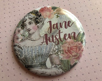 Jane Austen badge. Jane Austen pin, Jane Austen button. Pretty Vintage style Jane Austen badge