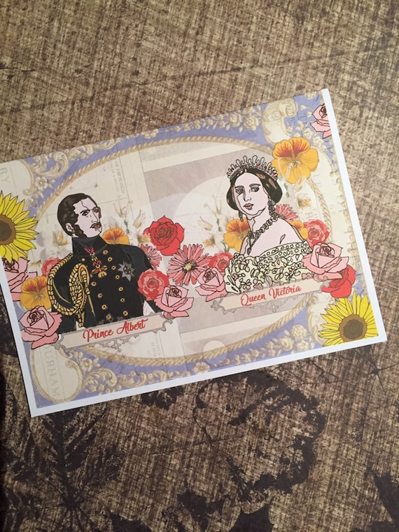 Queen Victoria and Prince Albert card illustrated by Belinda Maria Longsden. Pretty vintage style card for any british history lover