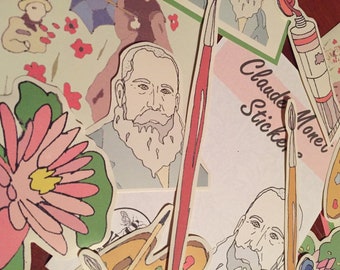 Handgemaakte Claude Monet-stickers, geïllustreerde Franse kunstenaar, 21-delige set