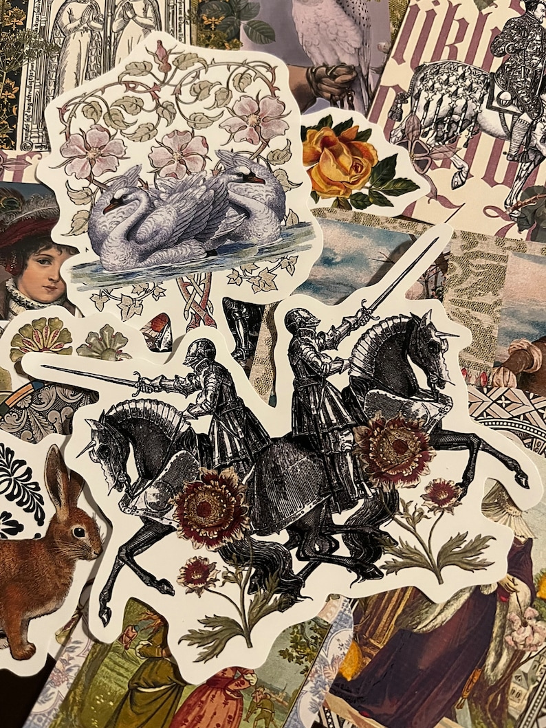 Pu&ograve; includere: Due illustrazioni in bianco e nero di cavalieri a cavallo, con spade sguainate, su uno sfondo di motivi floreali. I cavalieri indossano armature e cavalcano cavalli neri. I motivi floreali sono in tonalit&agrave; di marrone, rosso e verde.