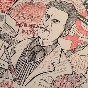 George Orwell print featuring some of his well known books. Illustration of the English writer.