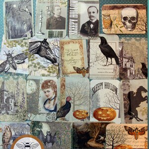 May include: A set of 18 vintage-style Halloween stickers featuring images of a skull, a crow, a horse, a pumpkin, a house, a bat, an owl, and more. The stickers are printed on white paper with a distressed look. The text "SLEEPY HOLLOW" and "The Legend of Sleepy Hollow" are included on some of the stickers.