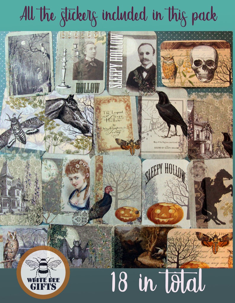 May include: A set of 18 vintage-style Halloween stickers featuring images of a skull, a crow, a horse, a pumpkin, a house, a bat, an owl, and more. The stickers are printed on white paper with a distressed look. The text "SLEEPY HOLLOW" and "The Legend of Sleepy Hollow" are included on some of the stickers.