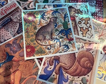 Medieval Cat Stickers, 12 Large Silver Shiny Stickers