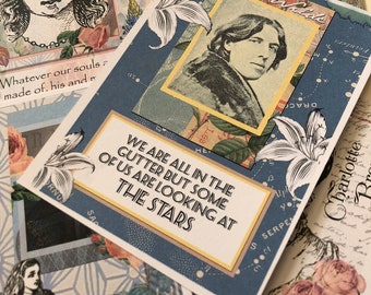 May include: A collage of vintage paper ephemera with a quote by Oscar Wilde: "We are all in the gutter, but some of us are looking at the stars."