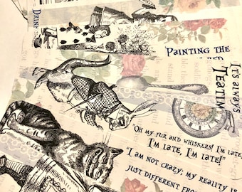 Peut inclure: Un ensemble de cartes imprimables sur le thème d'Alice au pays des merveilles avec des illustrations d'Alice, le Chapelier fou, le Chat du Cheshire et le Lapin blanc. Les cartes comprennent des citations du livre, telles que "C'est toujours l'heure du thé" et "Oh ma fourrure et mes moustaches ! Je suis en retard, je suis en retard !"