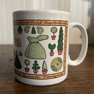 May include: White ceramic mug with a brown border and a colorful design of various potted plants. The text on the mug reads "Semperviens Suffruticosa,  Fastigiata,  Tenuis,  Baccata,  Argentiniarigata,  Buxus".