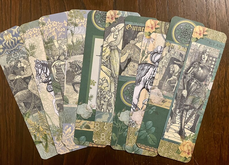 May include: A set of ten green and cream bookmarks with a vintage aesthetic. Each bookmark features a different illustration of a knight, a horse, or a floral design. The bookmarks are decorated with gold accents and have a scalloped edge.