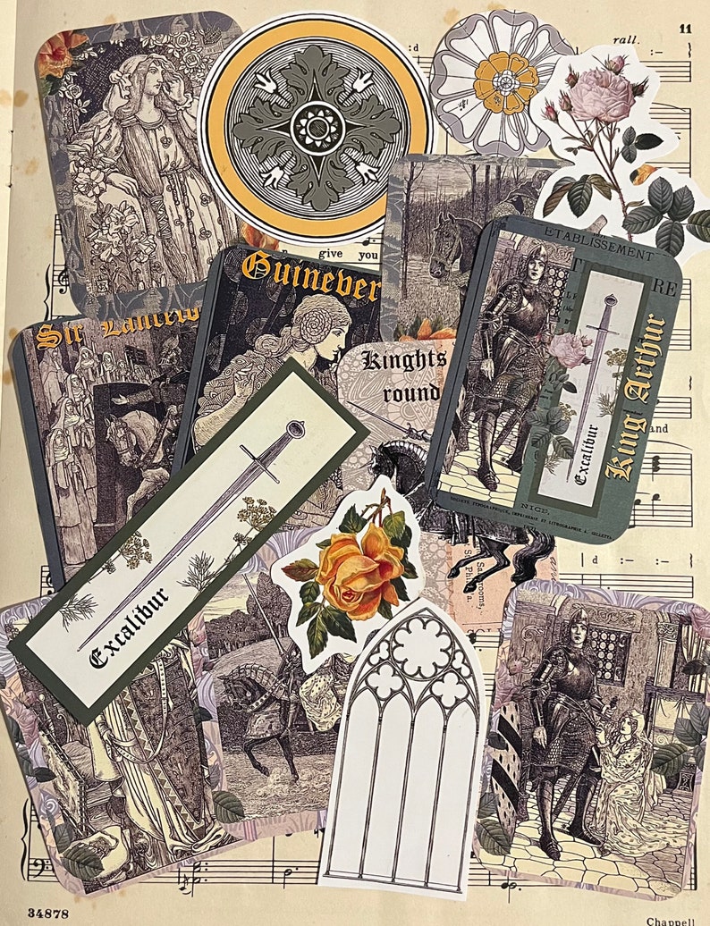 Op de afbeelding: Een verzameling vintage-achtige illustraties en tekst met daarin Koning Arthur en de ridders van de Ronde Tafel. De afbeeldingen omvatten een zwaard, een roos, een kasteel en een ridder in harnas. De tekst bevat de woorden "Excalibur", "Koning Arthur", "Ridders Ronde" en "Guinever".
