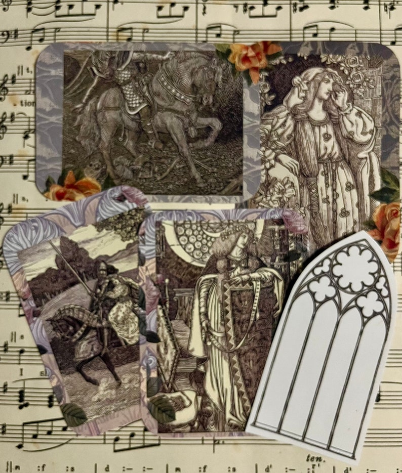 Op de afbeelding: Vijf vintage illustraties van ridders en dames in middeleeuwse settings. De illustraties zijn in zwart-wit en hebben een verweerde look. De illustraties bevinden zich op een achtergrond van bladmuziek.