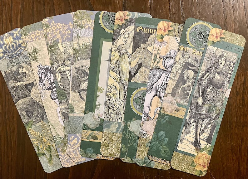 May include: A set of ten green and cream bookmarks with a vintage aesthetic. Each bookmark features a different illustration of a knight, a horse, or a floral design. The bookmarks are decorated with gold accents and have a scalloped edge.