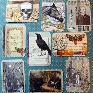 May include: A collage of vintage images with a Halloween theme. The images include a skull, a crow, a horse, a moth, a pumpkin, a house, and text that says "The Legend of Sleepy Hollow".