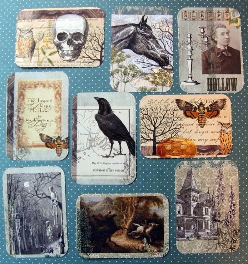 May include: A collage of vintage images with a Halloween theme. The images include a skull, a crow, a horse, a moth, a pumpkin, a house, and text that says "The Legend of Sleepy Hollow".