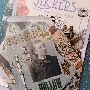 May include: A set of vintage-style stickers with a blue and white color scheme. The stickers feature illustrations of a candlestick, a tree, a butterfly, and a man with a mustache. The text "SLEEPY" and "HOLLOW" are featured on the stickers.
