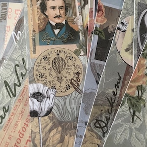 Op de afbeelding: Een verzameling rechthoekige bladwijzers met collages in vintage-stijl. Eén bladwijzer toont een portret van Edgar Allan Poe met de tekst Edgar A. Poe, terwijl een andere de naam Dickens in cursief schrift bevat. De ontwerpen omvatten bloemmotieven, heteluchtballonnen en postzegels.