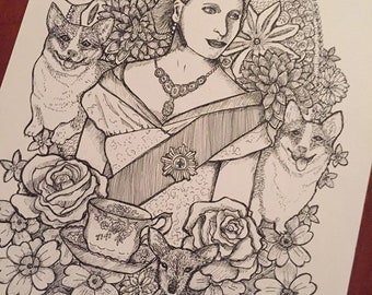 May include: A black and white pen and ink drawing of a woman wearing a crown and a sash. She is surrounded by flowers, butterflies, and two dogs. There is a teacup and saucer and a deer in the bottom of the image.