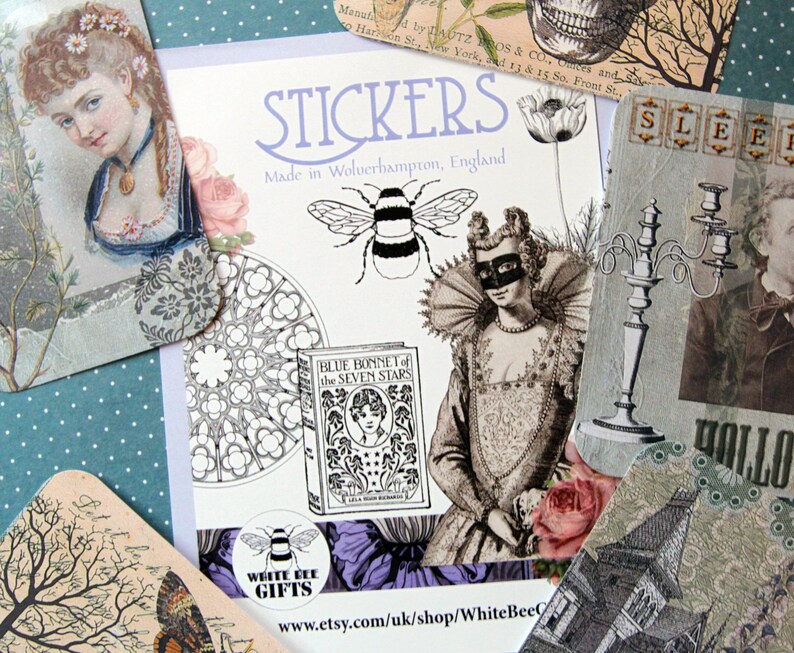 May include: A collection of vintage-style stickers featuring a bee, a stained glass window, a book with the title "Blue Bonnet of the Seven Stars", a woman in a mask and a dress, and a candlestick. The stickers are made in Wolverhampton, England and are available from White Bee Gifts on Etsy.