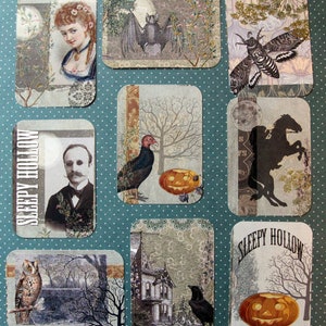 May include: A collection of nine vintage-style cards with Halloween themes. The cards feature images of a bat, a moth, a turkey, a pumpkin, a horse, a house, a jack-o-lantern, and a raven. The cards are decorated with a variety of patterns and textures, including polka dots, stripes, and floral designs. The text on the cards includes the words "Sleepy Hollow".