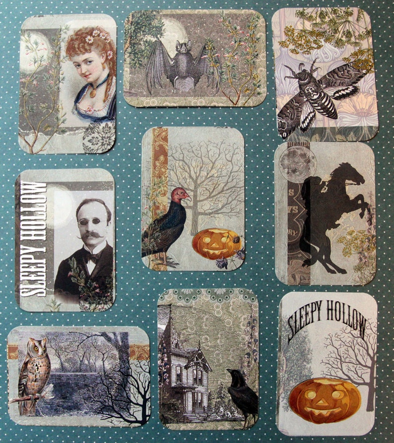 May include: A collection of nine vintage-style cards with Halloween themes. The cards feature images of a bat, a moth, a turkey, a pumpkin, a horse, a house, a jack-o-lantern, and a raven. The cards are decorated with a variety of patterns and textures, including polka dots, stripes, and floral designs. The text on the cards includes the words "Sleepy Hollow".