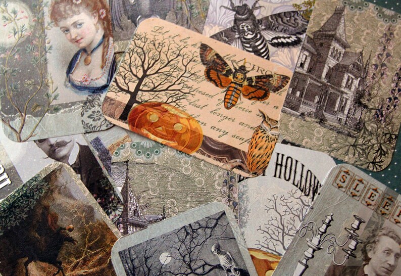 May include: A collection of vintage-style paper ephemera with images of a moth, a house, a pumpkin, and a tree. The paper is decorated with a variety of patterns and textures, including lace, floral, and paisley.