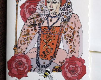 May include: A white card with a scalloped edge features a colorful illustration of Queen Elizabeth I. She is wearing a red and white dress with a pearl necklace and a crown. The background is filled with flowers and bees.