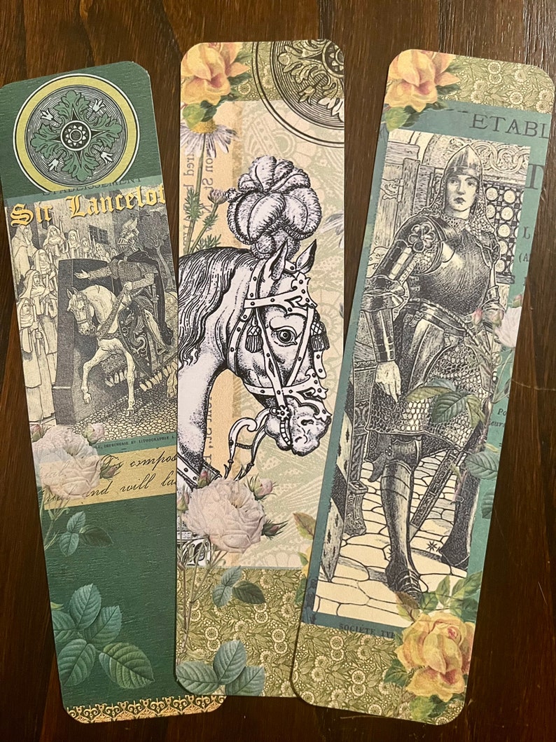 May include: Three green and gold bookmarks with floral designs. The first bookmark features a knight on horseback, the second bookmark features a knight in armor, and the third bookmark features a knight on horseback with the text "Sir Lancelot" at the bottom.