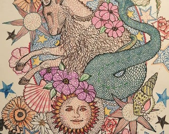 Lámina artística del signo zodiacal Capricornio, dibujo astrológico detallado (A3)