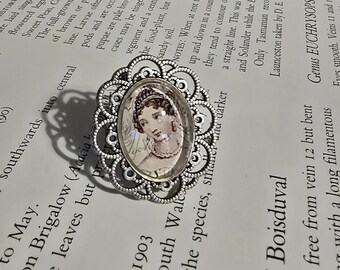 Jane Austen Portrait Ring, Adjustable Silver Tone Filigree Jewelry