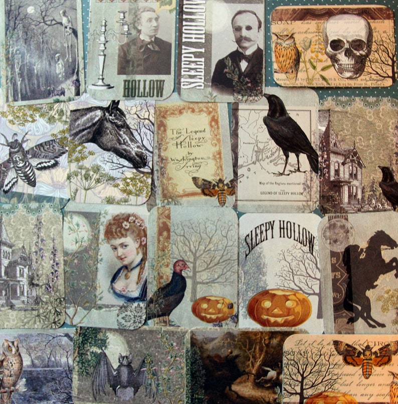 May include: A collage of vintage Halloween-themed images, including a skull, a crow, a bat, a pumpkin, a haunted house, and a map of Sleepy Hollow. The images are printed on paper and have a distressed, antique look.