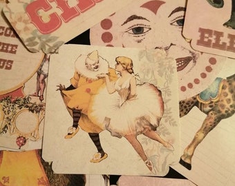 Vintage circusstickers, handgesneden illustraties, plakboekversieringen
