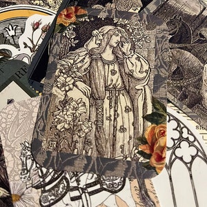 Op de afbeelding: Een zwart-witte illustratie van een vrouw in een lange jurk die in een tuin staat. De vrouw houdt een bloem in haar hand. De tekst "Sir Lancelot of Guinever" is zichtbaar op de achtergrond.