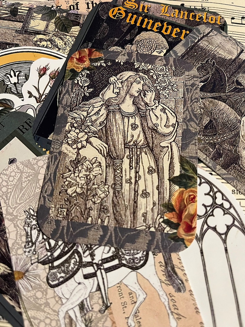 Op de afbeelding: Een zwart-witte illustratie van een vrouw in een lange jurk die in een tuin staat. De vrouw houdt een bloem in haar hand. De tekst "Sir Lancelot of Guinever" is zichtbaar op de achtergrond.