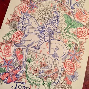 Joan of Arc print taken from my original pen drawing featuring St. Joan riding into battle on her horse