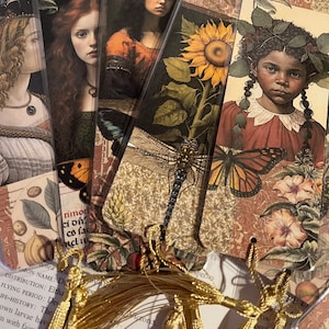 Può includere: Una collezione di segnalibri decorativi con illustrazioni in stile vintage. I segnalibri presentano ritratti di donne, un girasole e un bambino con dettagli floreali. Ogni segnalibro ha un nappa dorata.