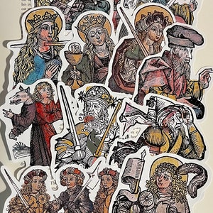 Adesivos manuscritos medievais. Cavaleiros e adesivos históricos medievais religiosos