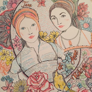 Anne and Jane Boleyn art print. Artwork with the Tudor sisters surrounded by nature. Historical art print.