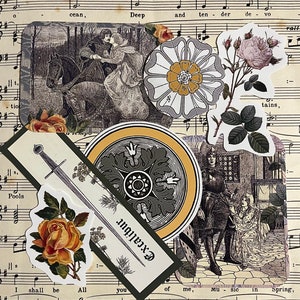 Op de afbeelding: Een collage van vintage illustraties met een ridder en een dame te paard, een zwaard, een kompas, rozen en een citaat uit een lied. Het citaat luidt "Excalibur" en "Ik zal alles zijn wat je van mij bent, muziek in de lente."