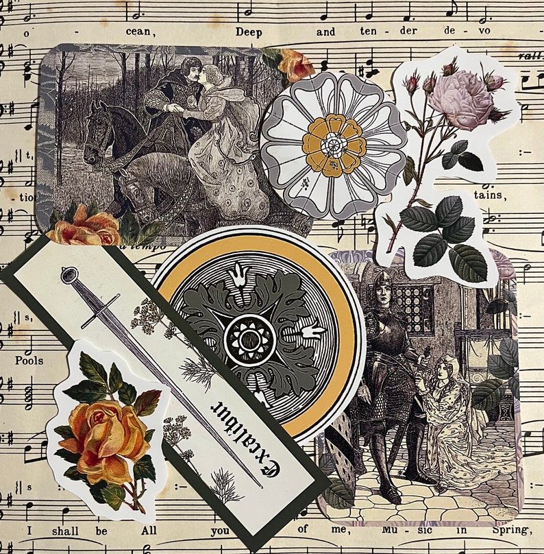 Op de afbeelding: Een collage van vintage illustraties met een ridder en een dame te paard, een zwaard, een kompas, rozen en een citaat uit een lied. Het citaat luidt "Excalibur" en "Ik zal alles zijn wat je van mij bent, muziek in de lente."