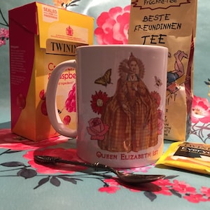 Elizabeth 1st mug. Here we see queen Elizabeth 1st in a beautiful tudor dress surrounded by nature. Vintage illustration with flowers