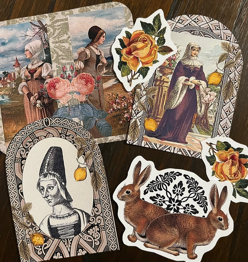 Pu&ograve; includere: Un collage di illustrazioni vintage con una donna in un lungo vestito, una donna in un lungo vestito con una corona di fiori, una donna in un lungo vestito con una corona di fiori e due conigli. Le illustrazioni sono circondate da un bordo decorativo.