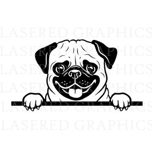 May include: Black and white illustration of a pug dog peeking over a sign. The pug has a happy expression and is looking directly at the viewer.