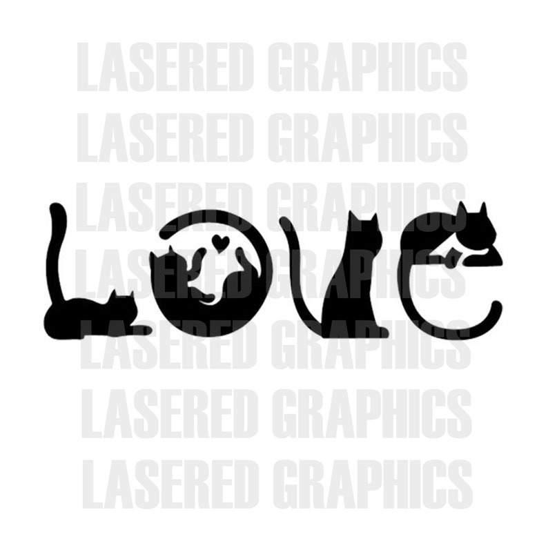 May include: Black silhouette of cats forming the word "LOVE" with a heart in the "O".