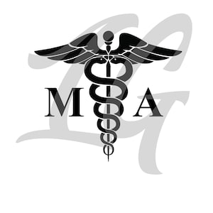 May include: Black and white illustration of the medical symbol, the Rod of Asclepius, with wings and a snake wrapped around it. The letters "M" and "A" are on either side of the symbol.