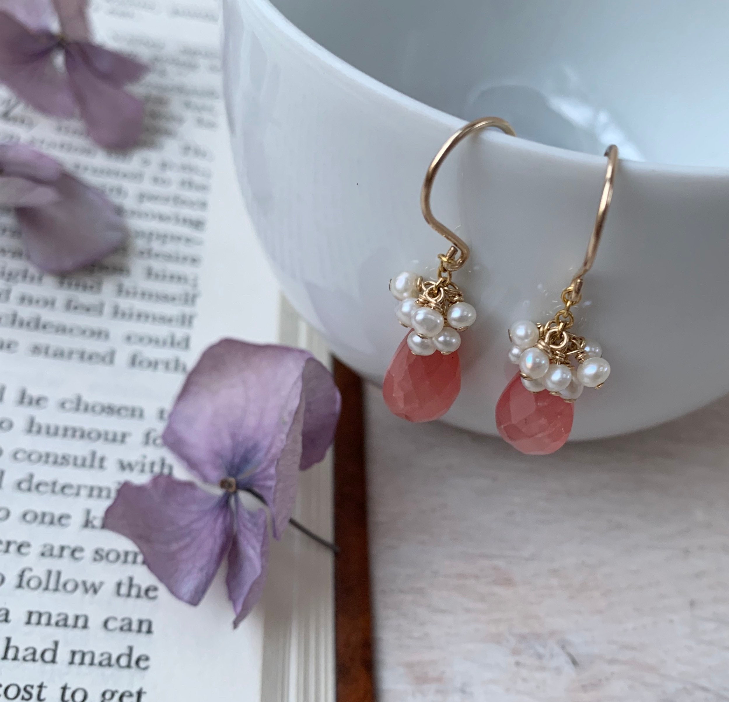 Coral & Pearl Gemstone Cluster Earrings Ear Candy Gemstone - Etsy UK