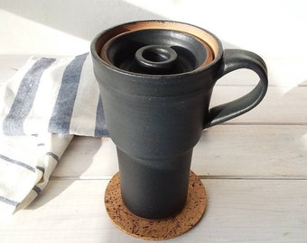 10 fl. oz. Tall Black Ceramic Travel Mug, 300 ml Black and Brown Travel Mug With Ceramic Lid and Handle