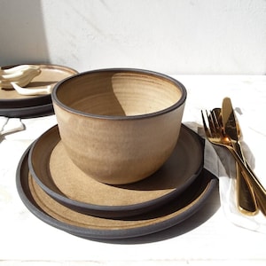 Brown and Black Stoneware Dinner Set, THREE or TWO PIECE Ceramic Dinner Set